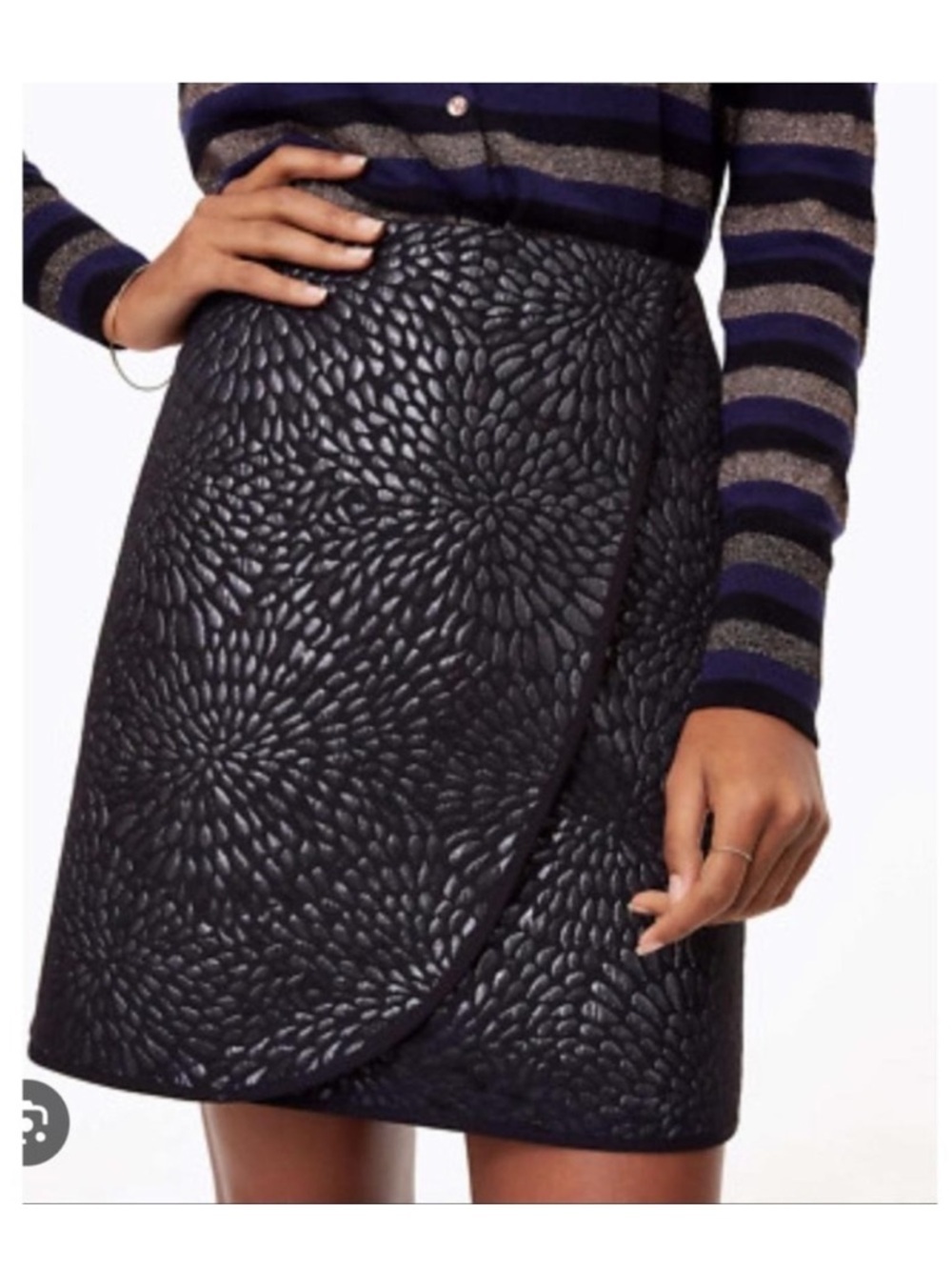 LOFT Women’s faux wrap metallic textured splash shimmer black mini skirt NWOT 4